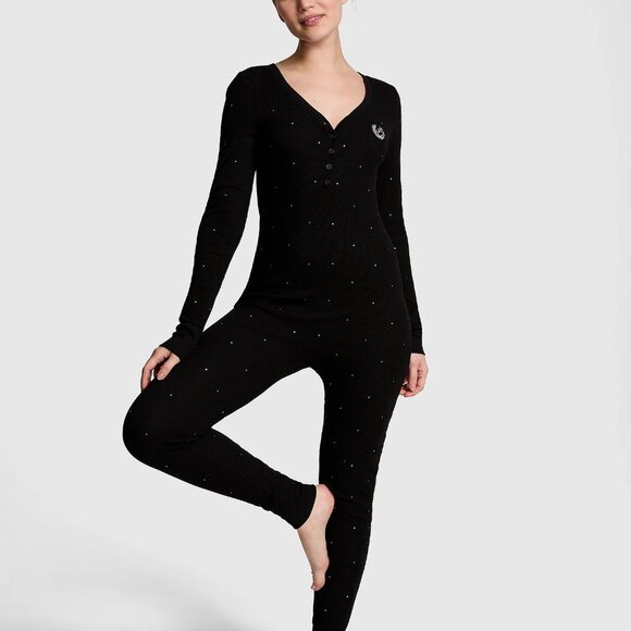 PINK Victoria's Secret Black Thermal Bling One Piece Pajama - Picture 2 of 4
